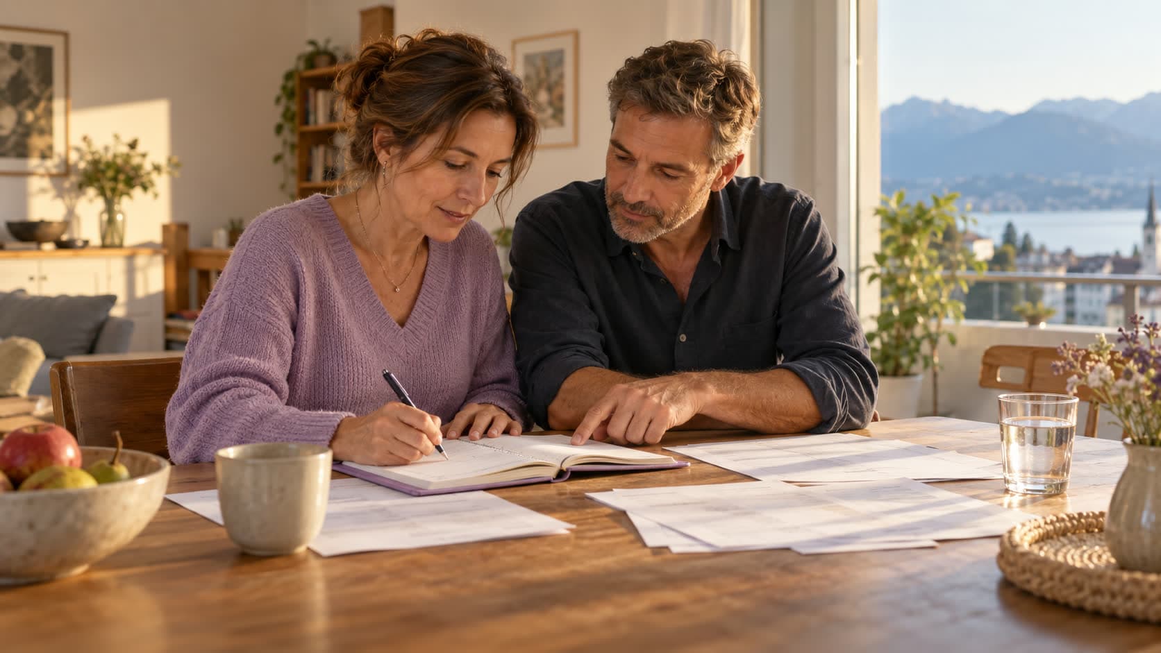 Un couple relit des documents à table, avec vue sur le lac.