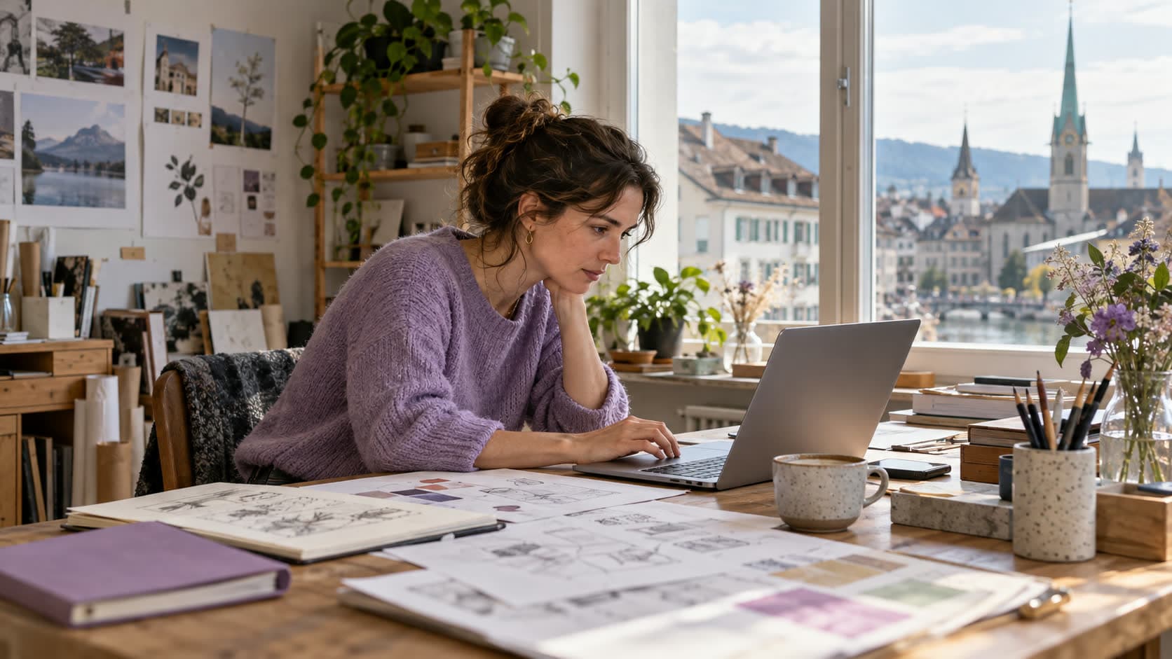 Une graphiste indépendante travaille dans son atelier, avec vue sur la vieille ville.