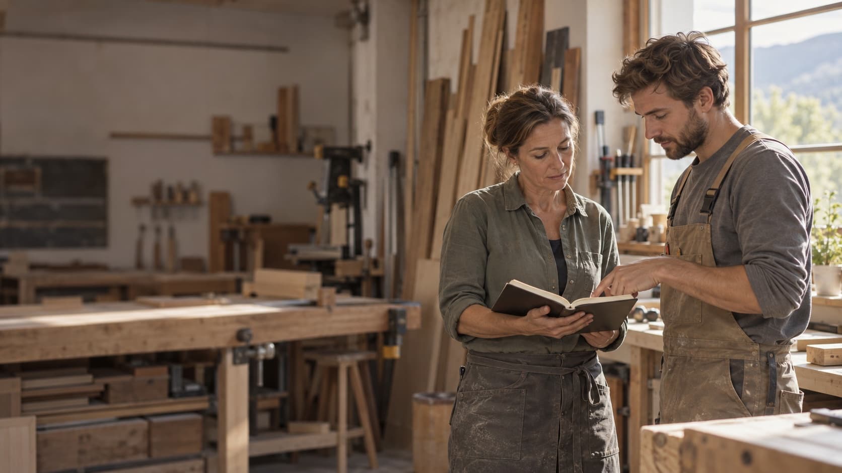 Deux artisans consultent un classeur dans un atelier de menuiserie